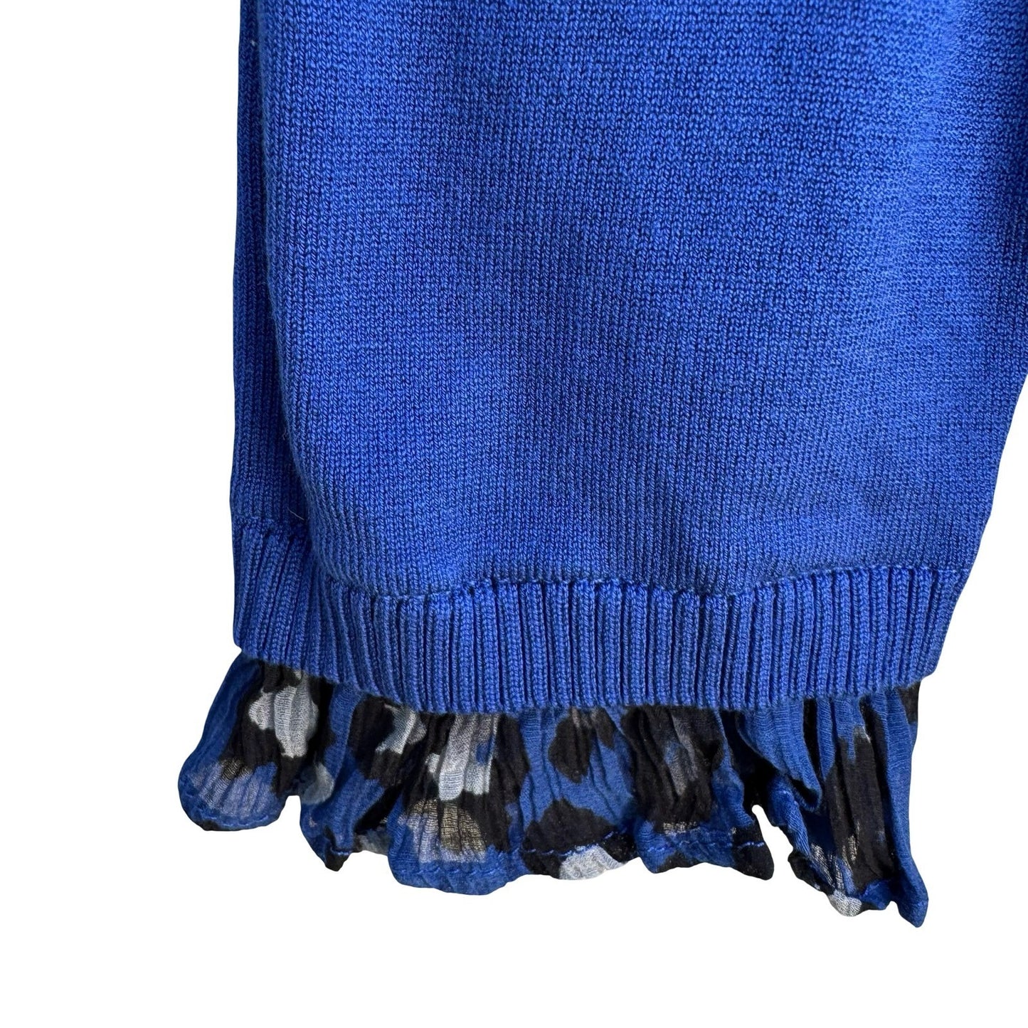 Liberte by Emanuel Royal Blue Silk Blend Layered Animal Print Ruffle Sweater M
