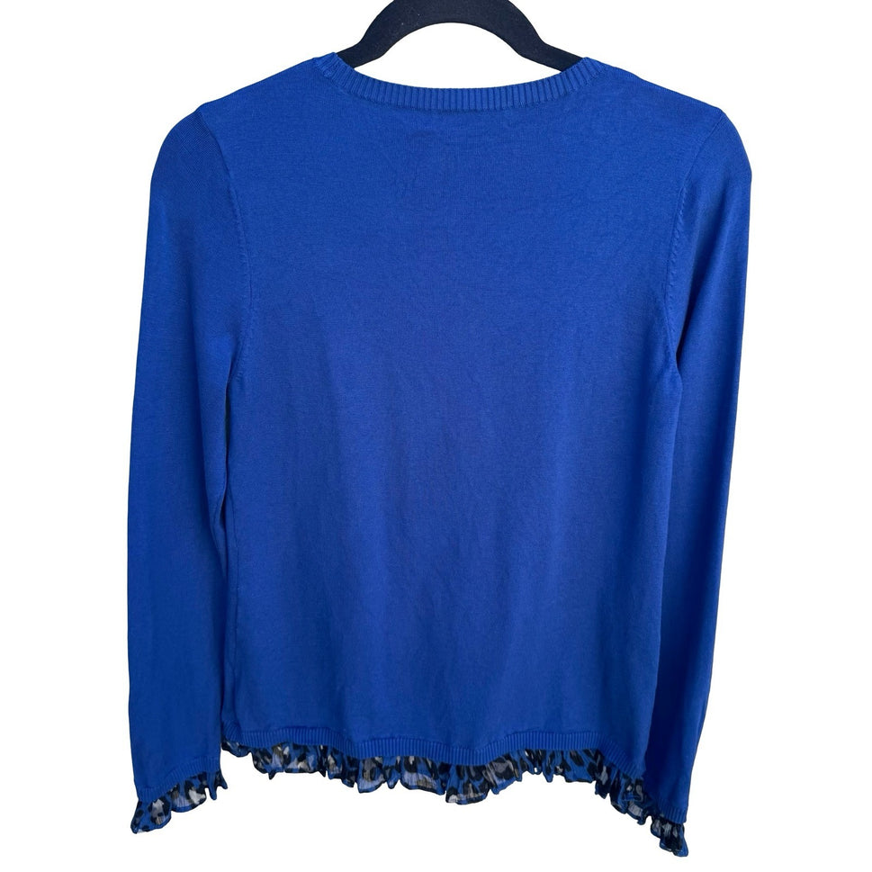 Liberte by Emanuel Royal Blue Silk Blend Layered Animal Print Ruffle Sweater M