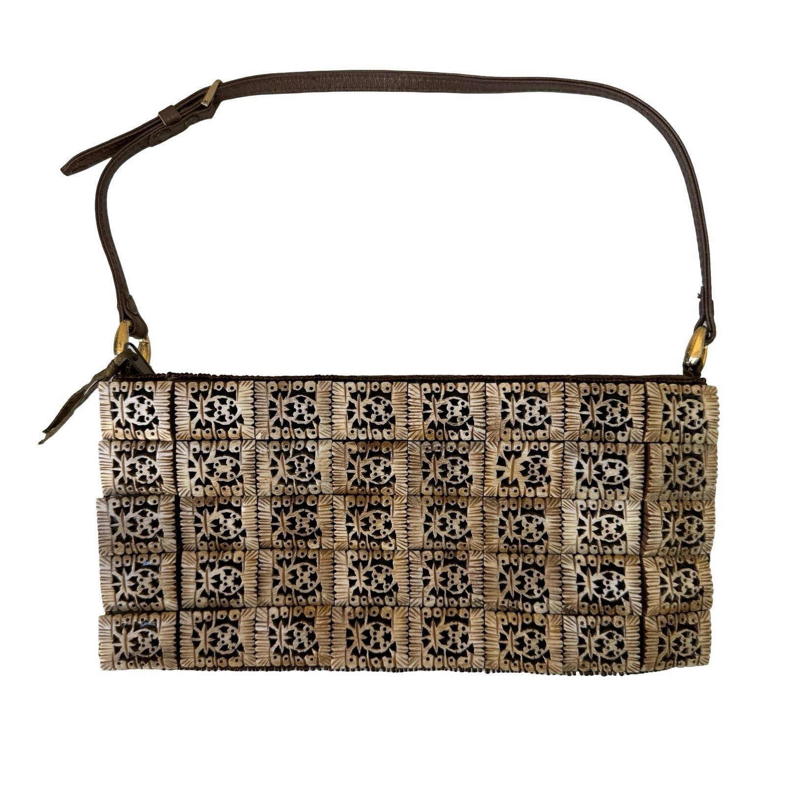 Chan Luu Y2K Carved Tile Shoulder Bag Green Beaded Boho Artisanal Festival Bag