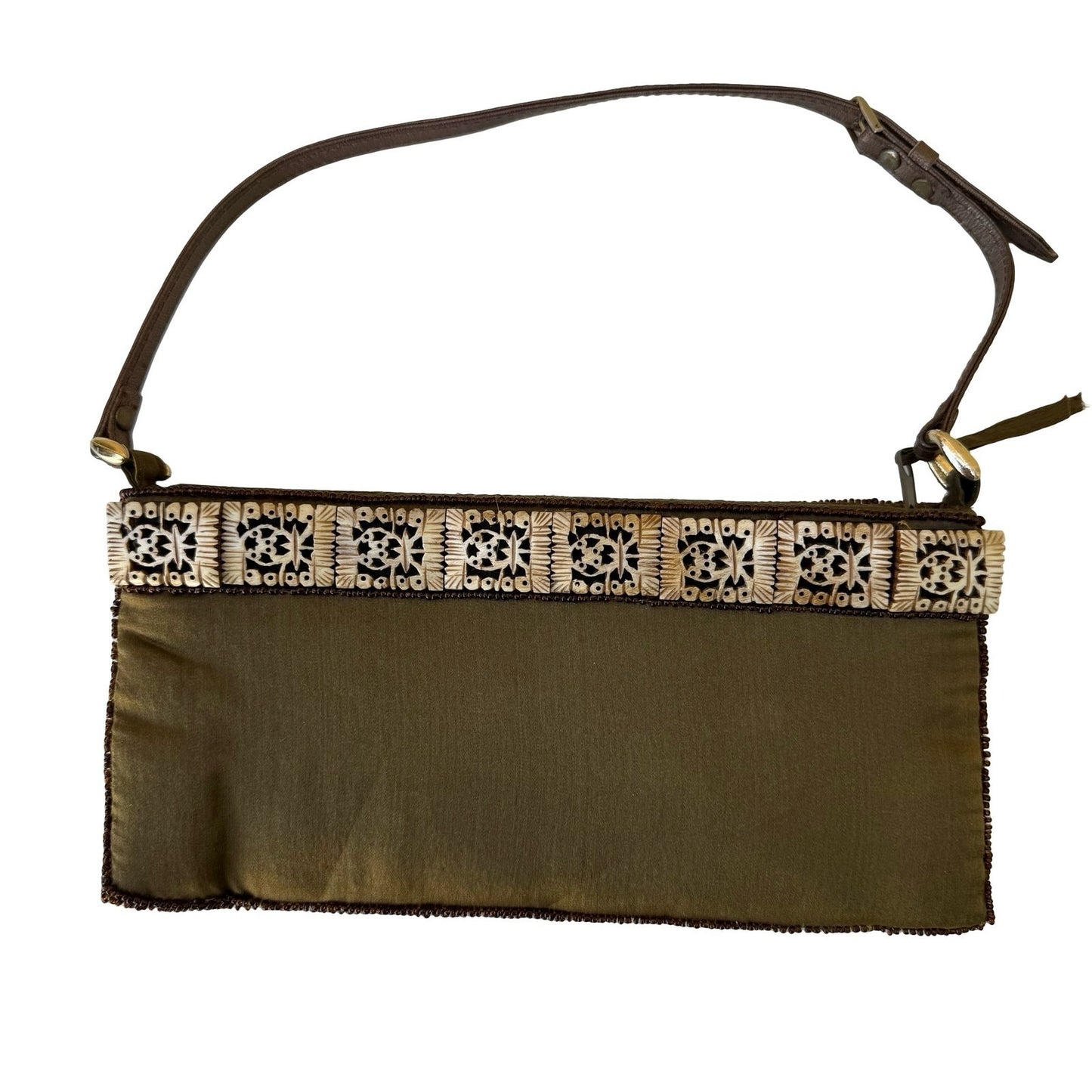 Chan Luu Y2K Carved Tile Shoulder Bag Green Beaded Boho Artisanal Festival Bag
