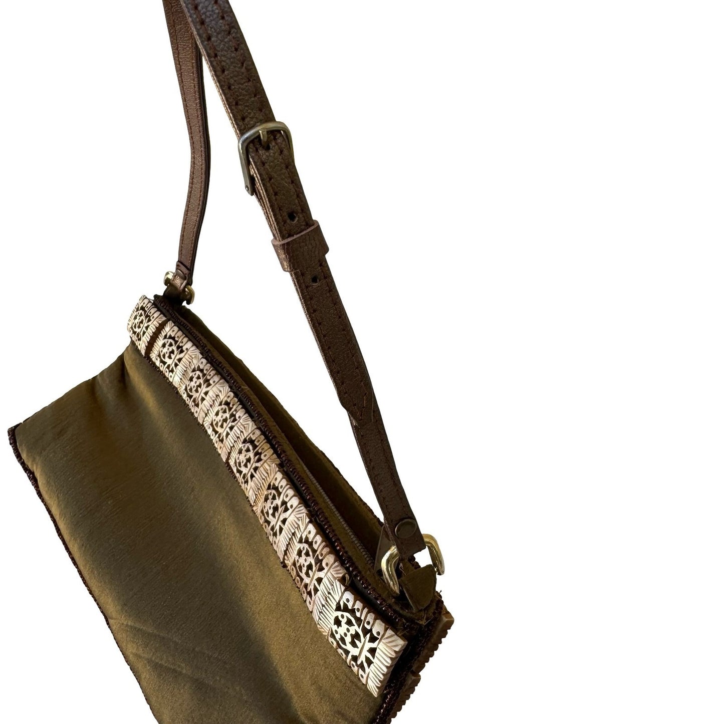 Chan Luu Y2K Carved Tile Shoulder Bag Green Beaded Boho Artisanal Festival Bag