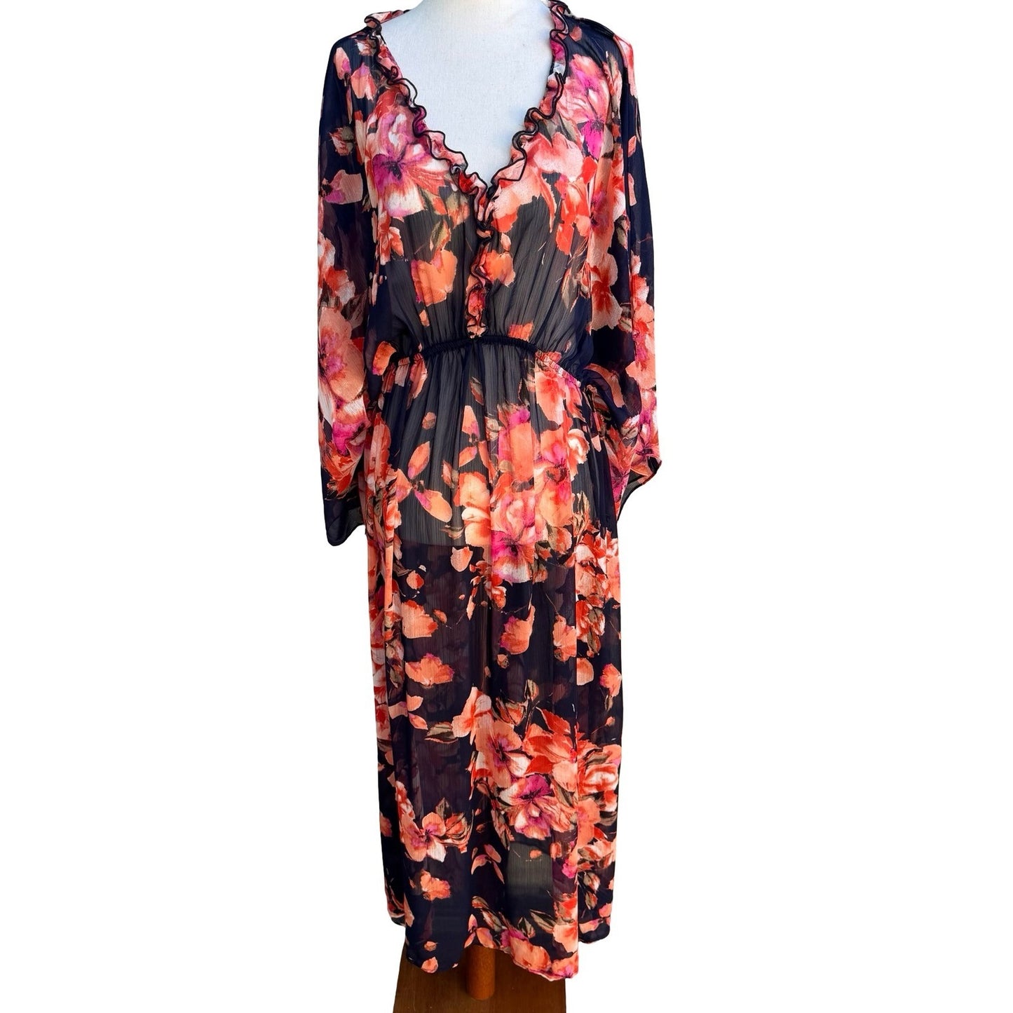Curations Boho Ethereal Flowy Floral Sheer Maxi Dress Swim Cover Up Ruffle L