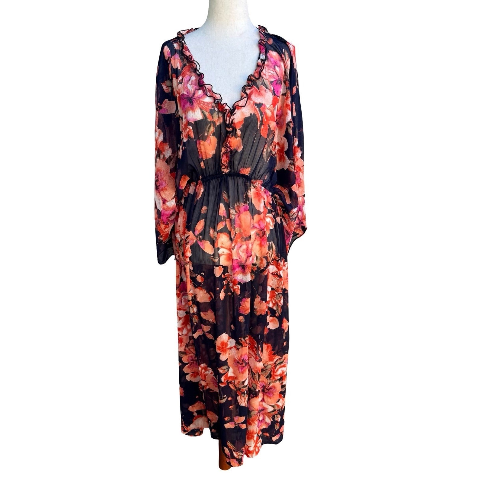Curations Boho Ethereal Flowy Floral Sheer Maxi Dress Swim Cover Up Ruffle L