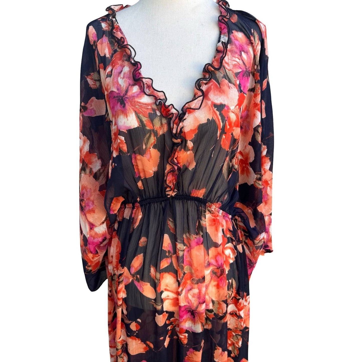 Curations Boho Ethereal Flowy Floral Sheer Maxi Dress Swim Cover Up Ruffle L