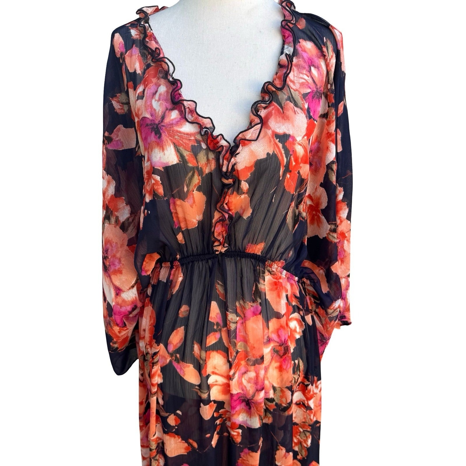 Curations Boho Ethereal Flowy Floral Sheer Maxi Dress Swim Cover Up Ruffle L