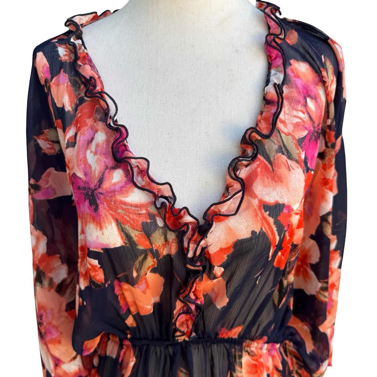 Curations Boho Ethereal Flowy Floral Sheer Maxi Dress Swim Cover Up Ruffle L