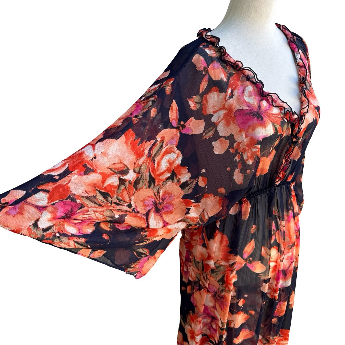 Curations Boho Ethereal Flowy Floral Sheer Maxi Dress Swim Cover Up Ruffle L