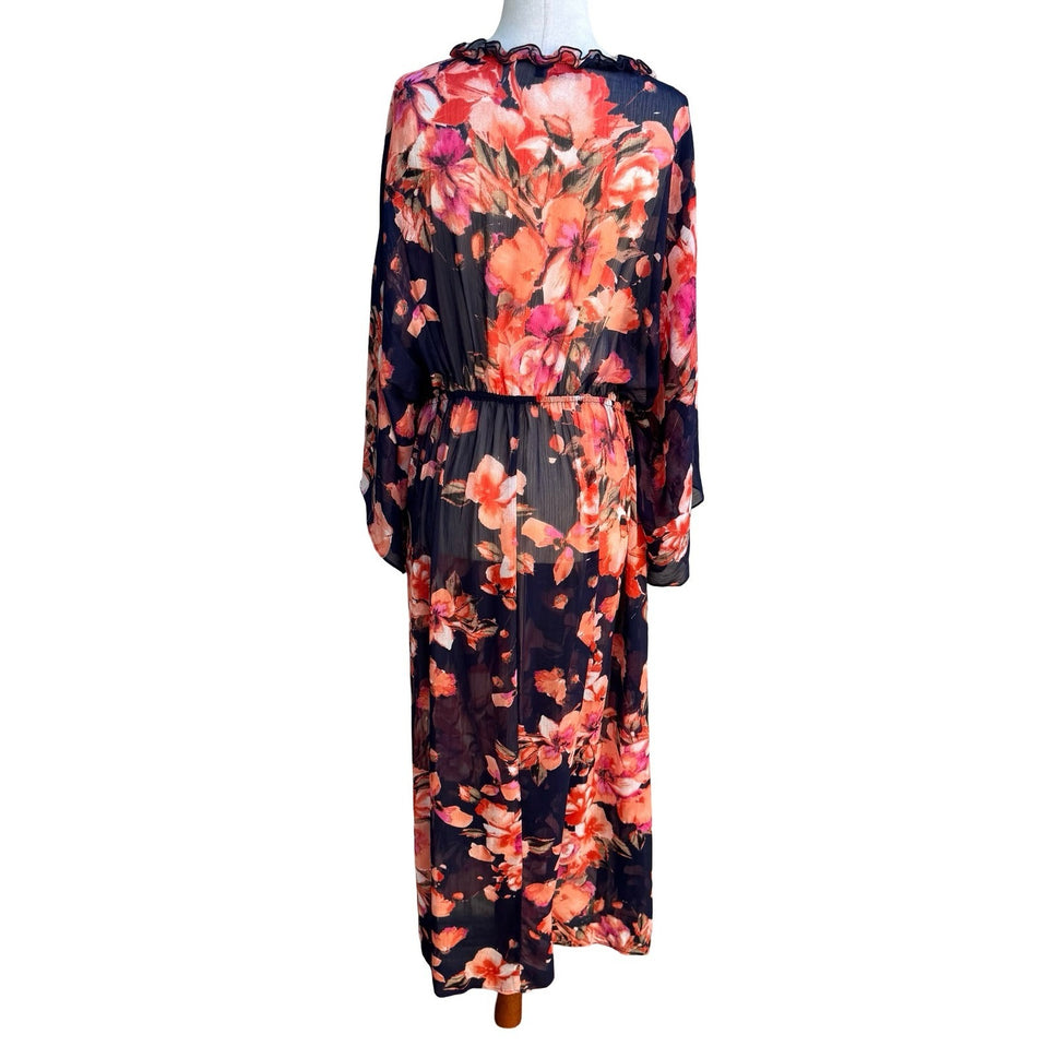 Curations Boho Ethereal Flowy Floral Sheer Maxi Dress Swim Cover Up Ruffle L