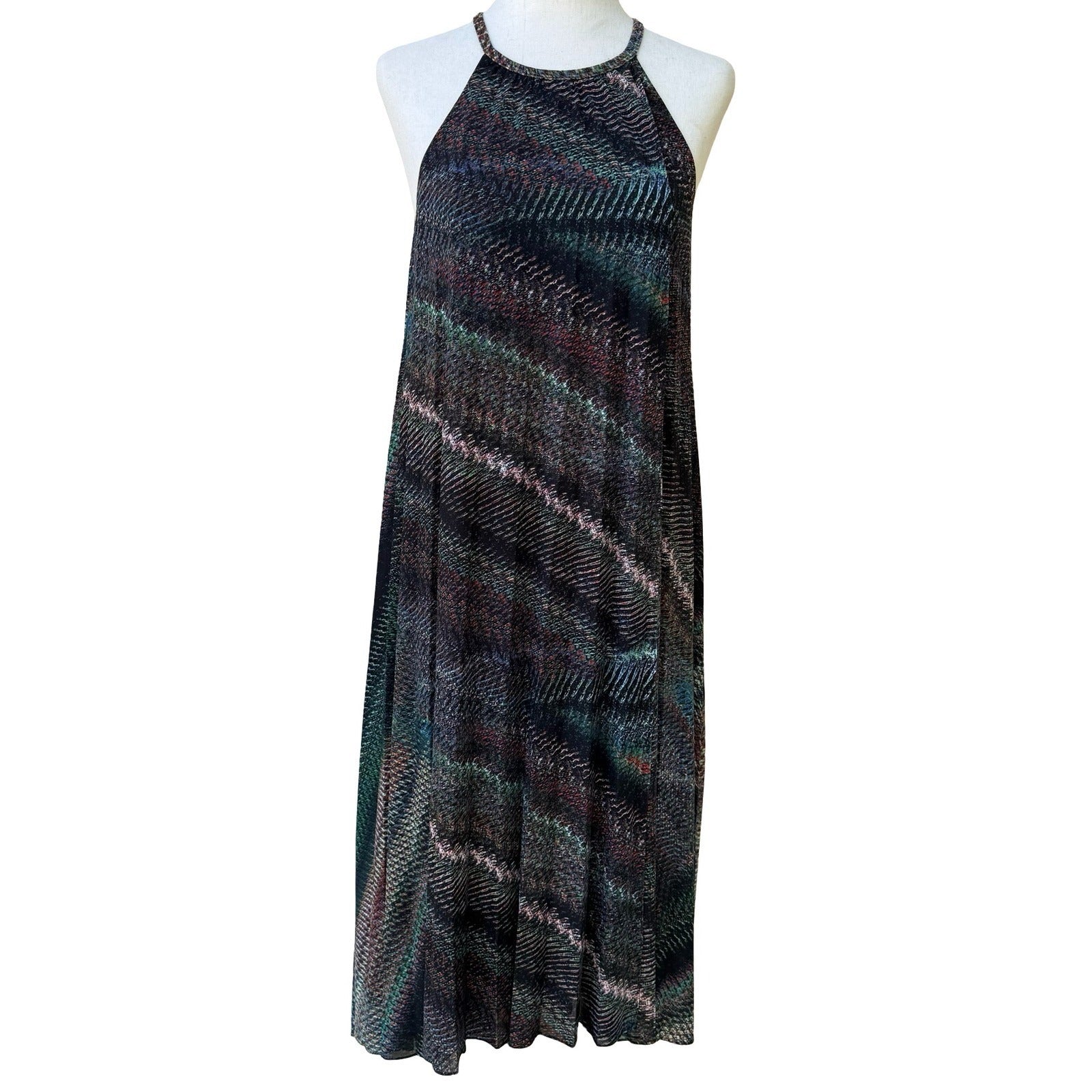 Trina Turk Y2K Resortwear Boho Halter Maxi Dress Abstract Chevron Keyhole Back S