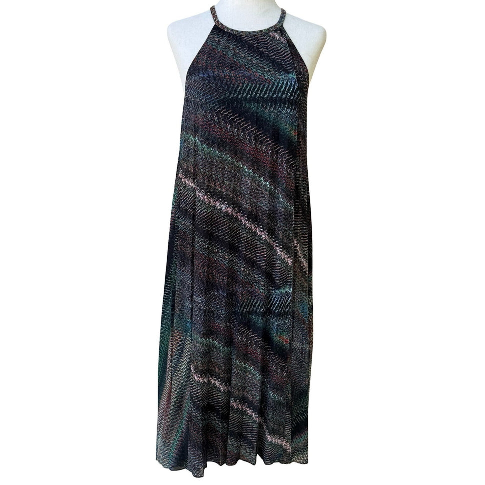 Trina Turk Y2K Resortwear Boho Halter Maxi Dress Abstract Chevron Keyhole Back S