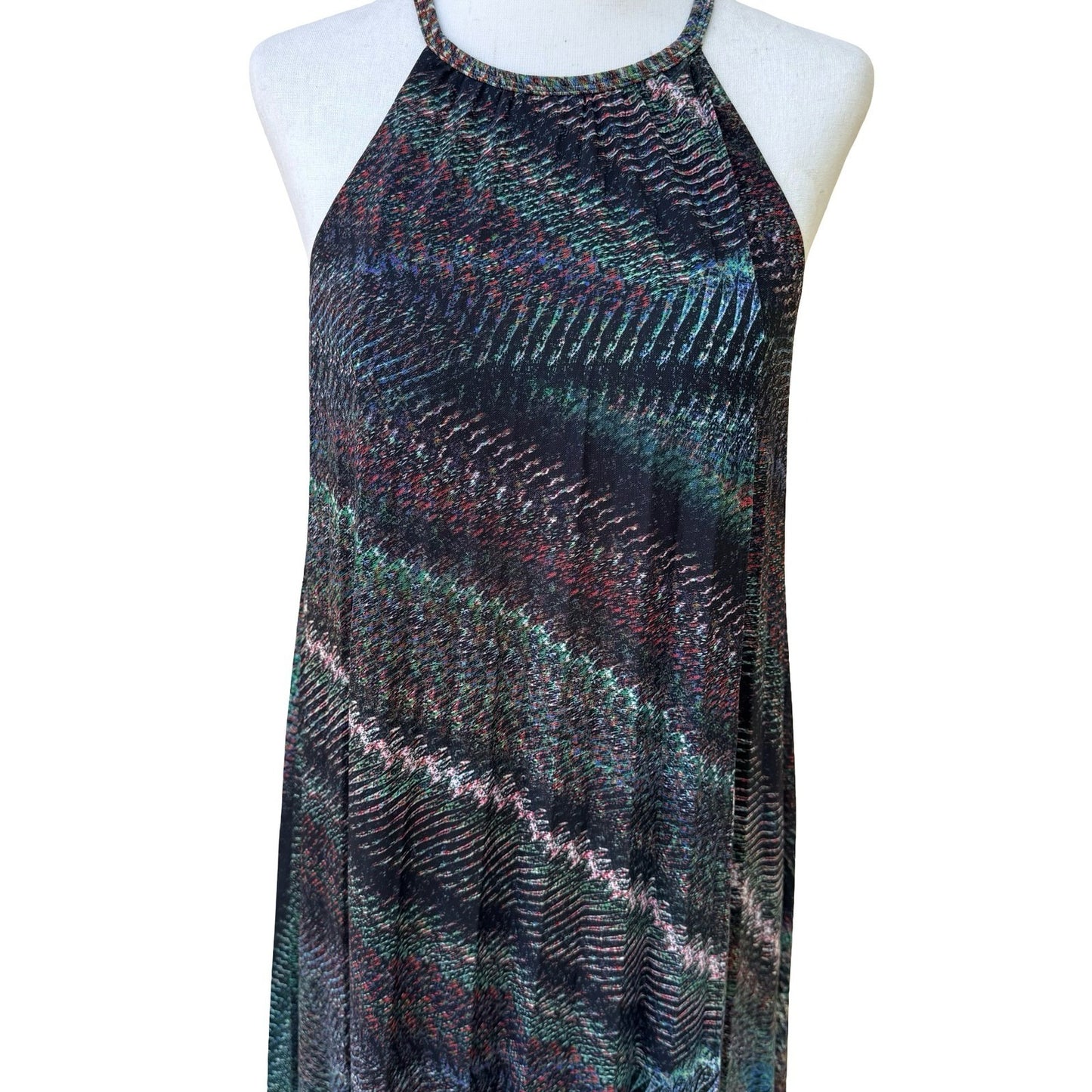 Trina Turk Y2K Resortwear Boho Halter Maxi Dress Abstract Chevron Keyhole Back S