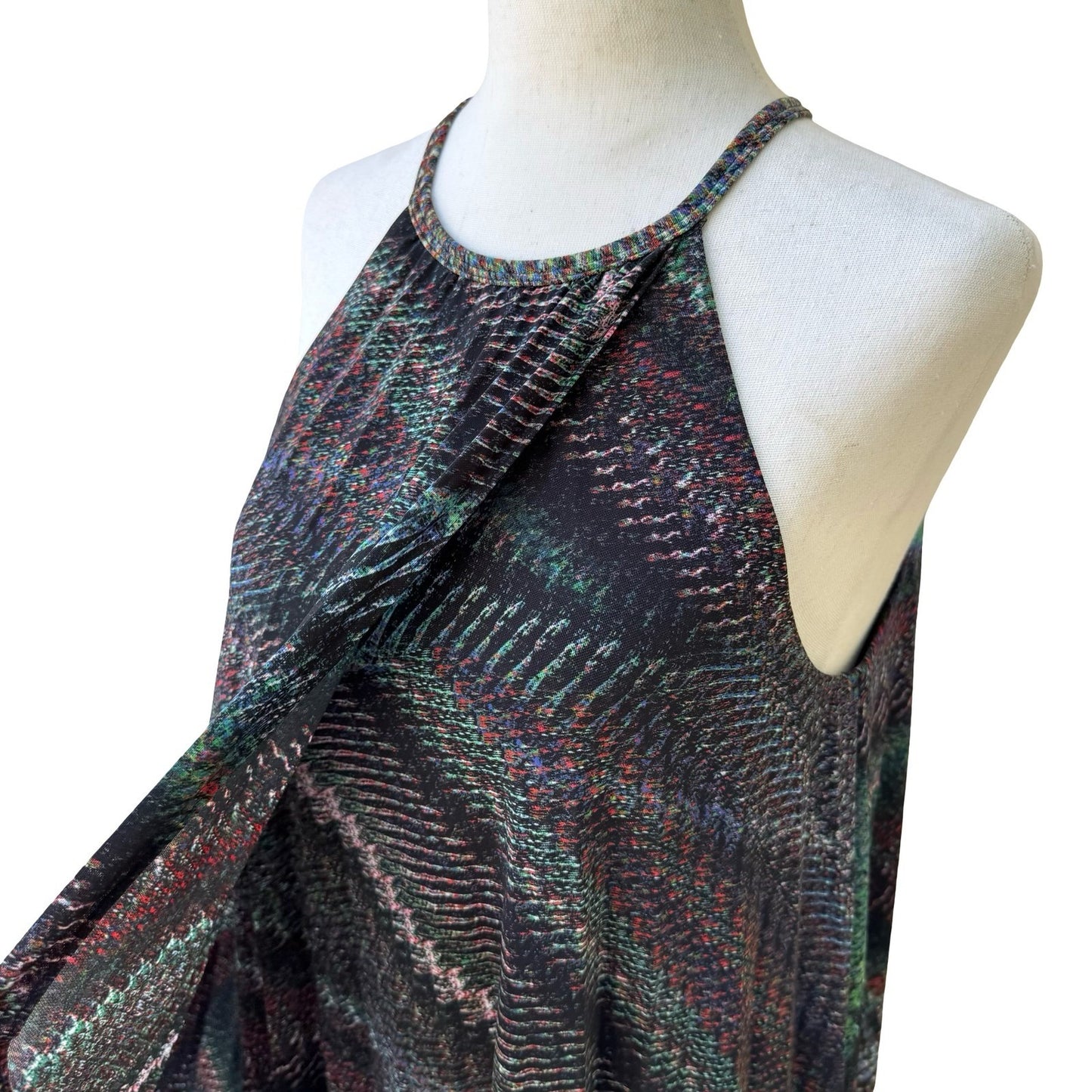 Trina Turk Y2K Resortwear Boho Halter Maxi Dress Abstract Chevron Keyhole Back S