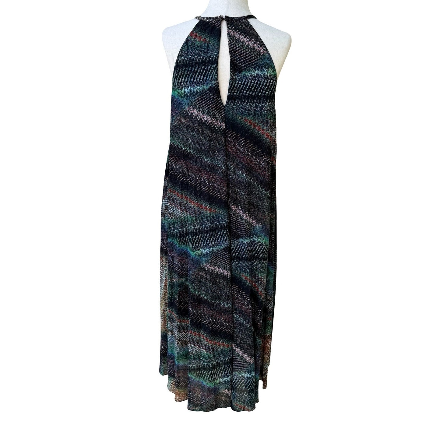 Trina Turk Y2K Resortwear Boho Halter Maxi Dress Abstract Chevron Keyhole Back S