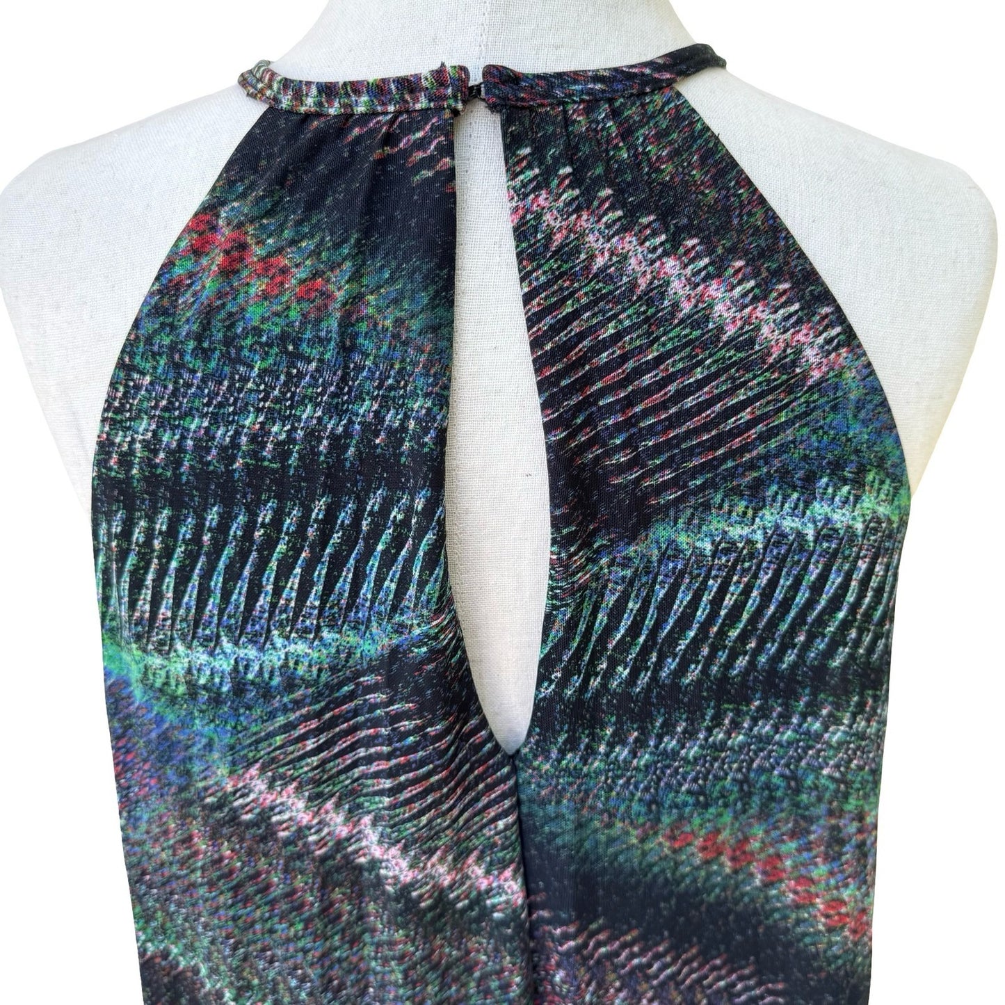 Trina Turk Y2K Resortwear Boho Halter Maxi Dress Abstract Chevron Keyhole Back S