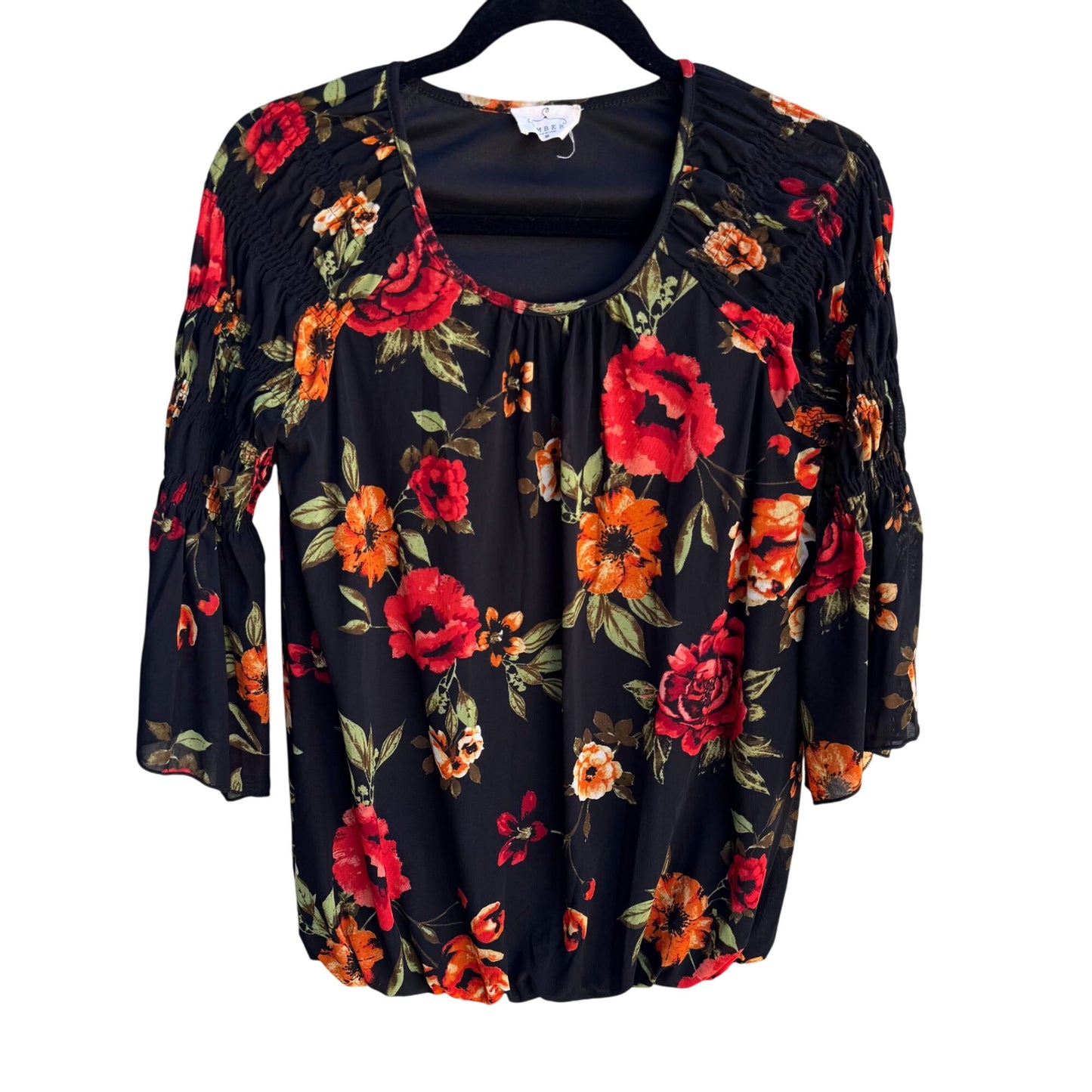 Ember Womens Floral Boho Ruched Bell Sleeves Elastic Hem Flowy Shirt Blouse M