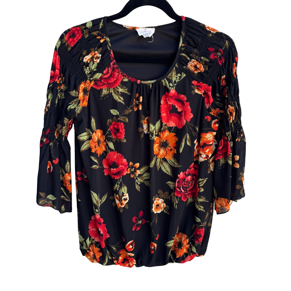 Ember Womens Floral Boho Ruched Bell Sleeves Elastic Hem Flowy Shirt Blouse M