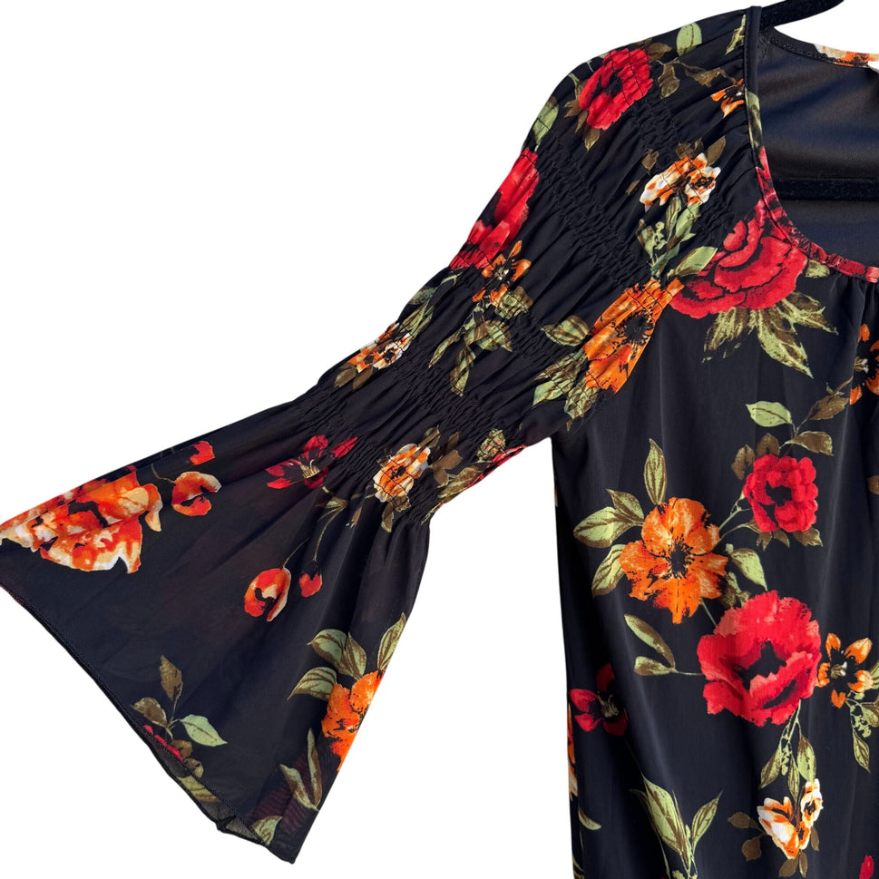 Ember Womens Floral Boho Ruched Bell Sleeves Elastic Hem Flowy Shirt Blouse M