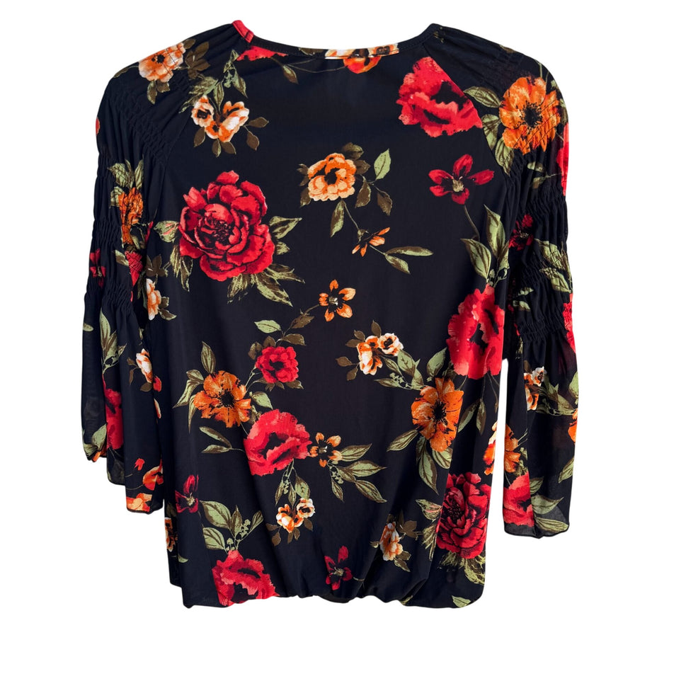 Ember Womens Floral Boho Ruched Bell Sleeves Elastic Hem Flowy Shirt Blouse M