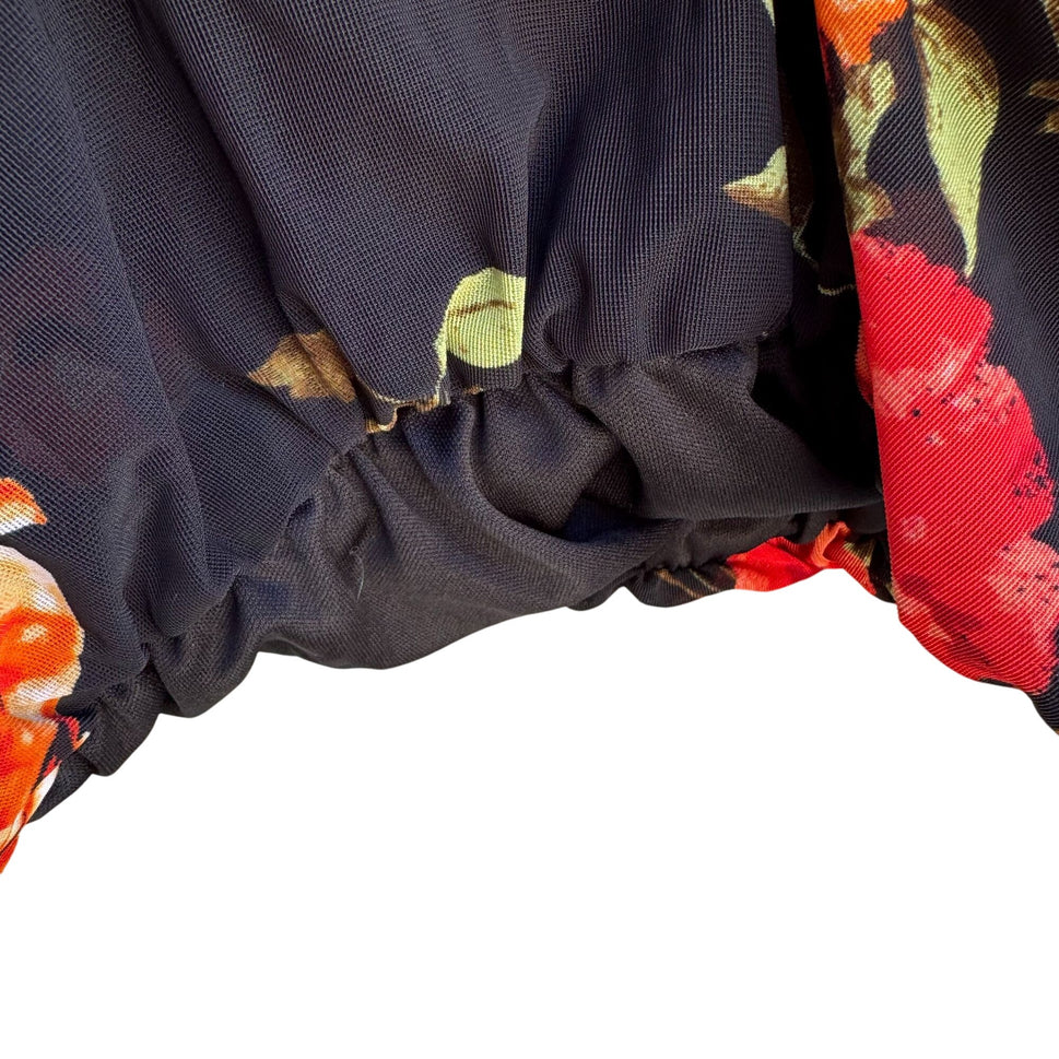 Ember Womens Floral Boho Ruched Bell Sleeves Elastic Hem Flowy Shirt Blouse M