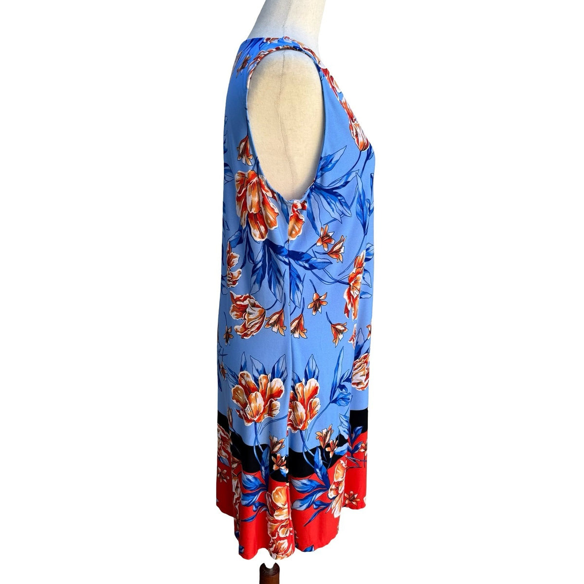 MSK Mod Resortwear Tropical Floral O-Ring Sleeveless Jersey Shift Dress Blue L