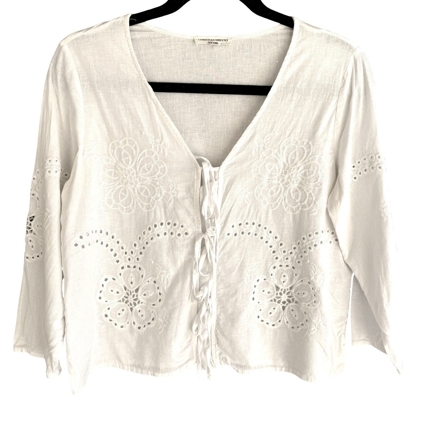 Christian Siriano Linen Eyelet Lace Up Blouse Coastal White XS Cottage Bohemian