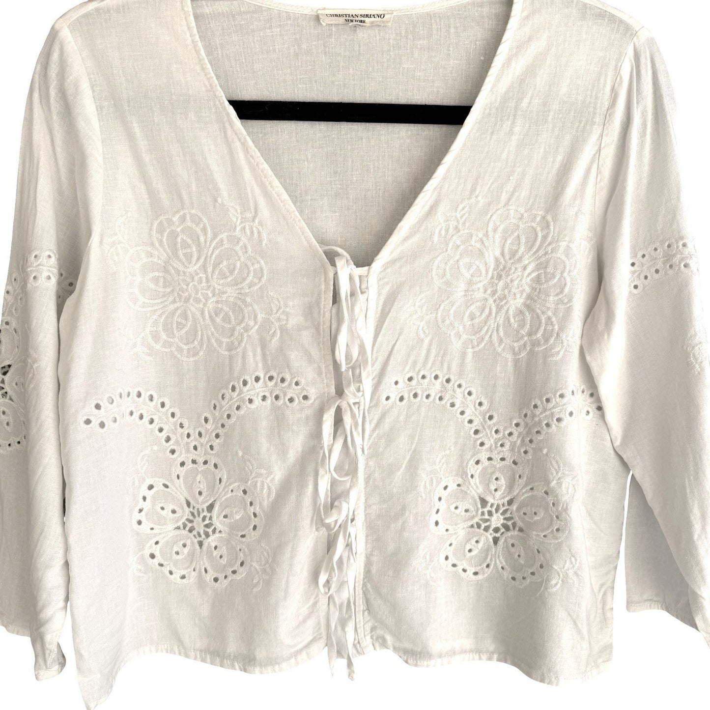 Christian Siriano Linen Eyelet Lace Up Blouse Coastal White XS Cottage Bohemian
