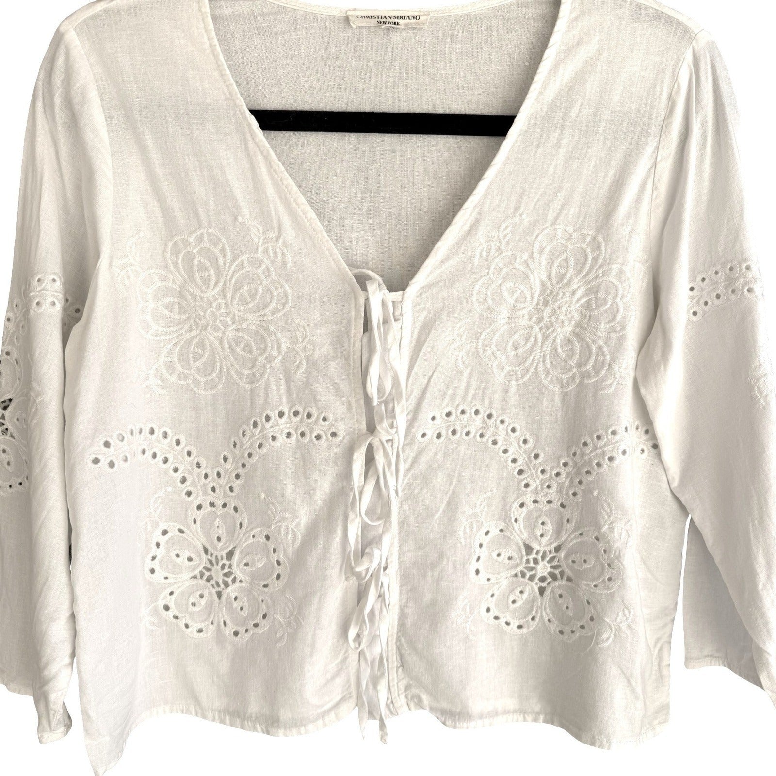 Christian Siriano Linen Eyelet Lace Up Blouse Coastal White XS Cottage Bohemian