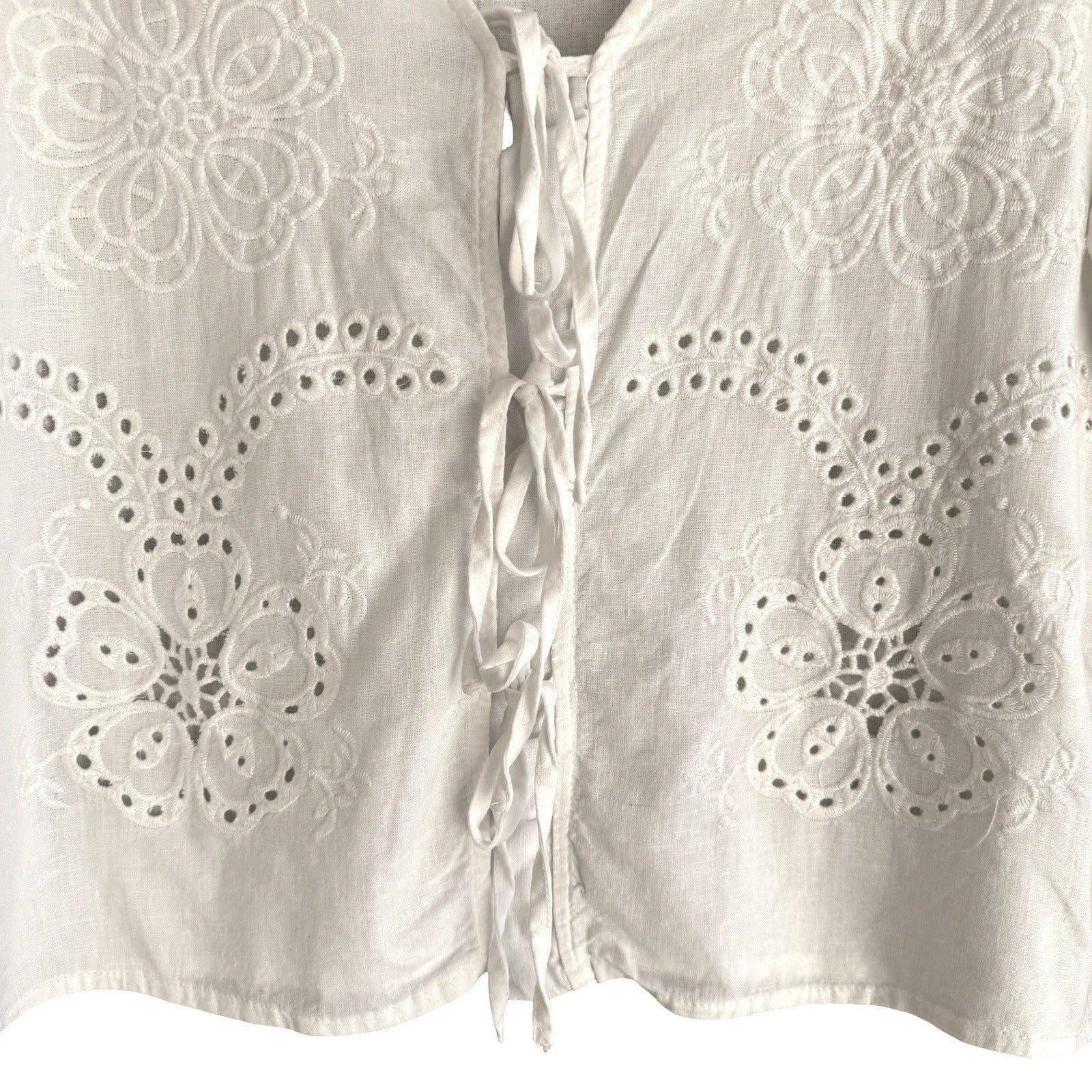 Christian Siriano Linen Eyelet Lace Up Blouse Coastal White XS Cottage Bohemian