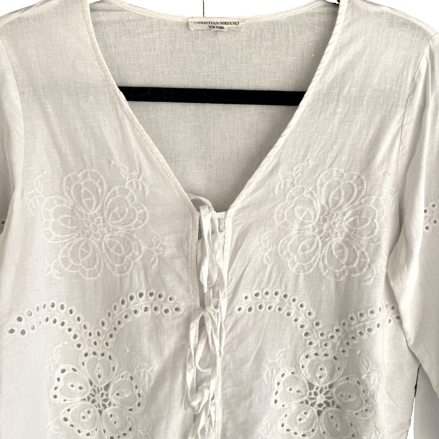 Christian Siriano Linen Eyelet Lace Up Blouse Coastal White XS Cottage Bohemian