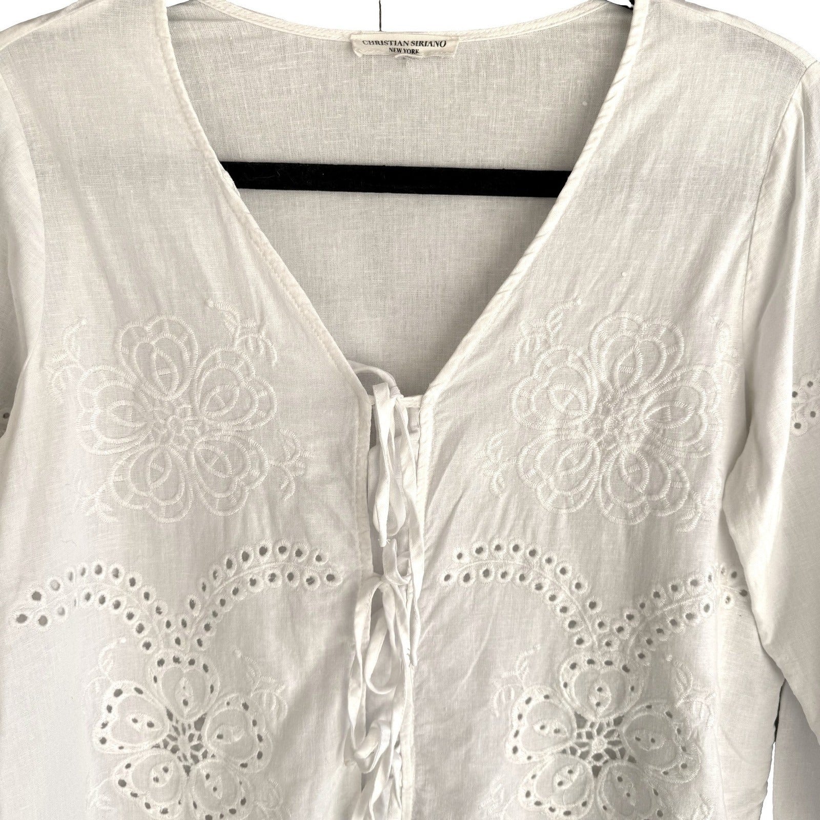 Christian Siriano Linen Eyelet Lace Up Blouse Coastal White XS Cottage Bohemian