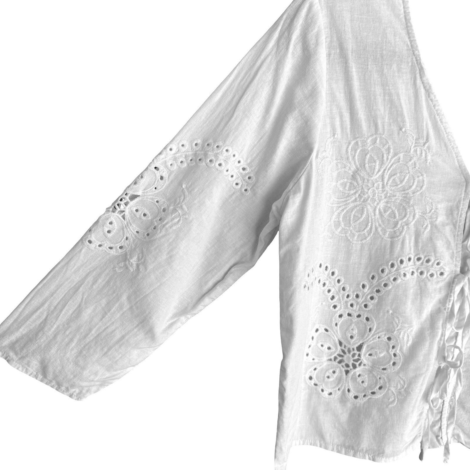 Christian Siriano Linen Eyelet Lace Up Blouse Coastal White XS Cottage Bohemian