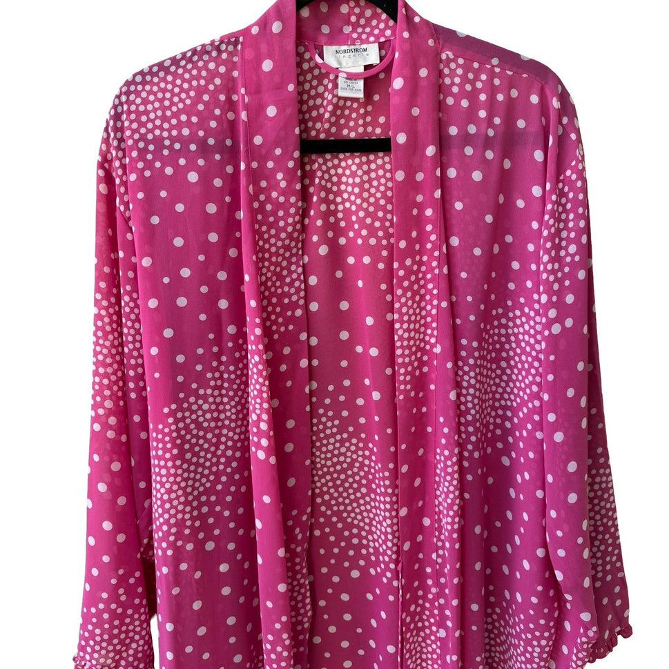Nordstrom Lingerie Coquette Romantic Pink Polka Dot Sheer Chiffon Robe M/L NWT