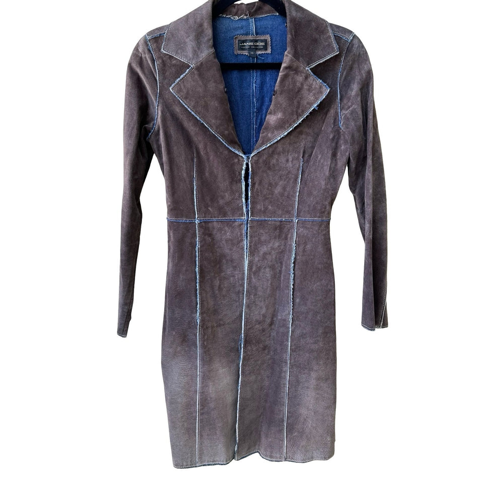 Jane Doe Y2K Suede Denim Contrast Stitch Raw Edge Trench Jacket Brown Womens XS