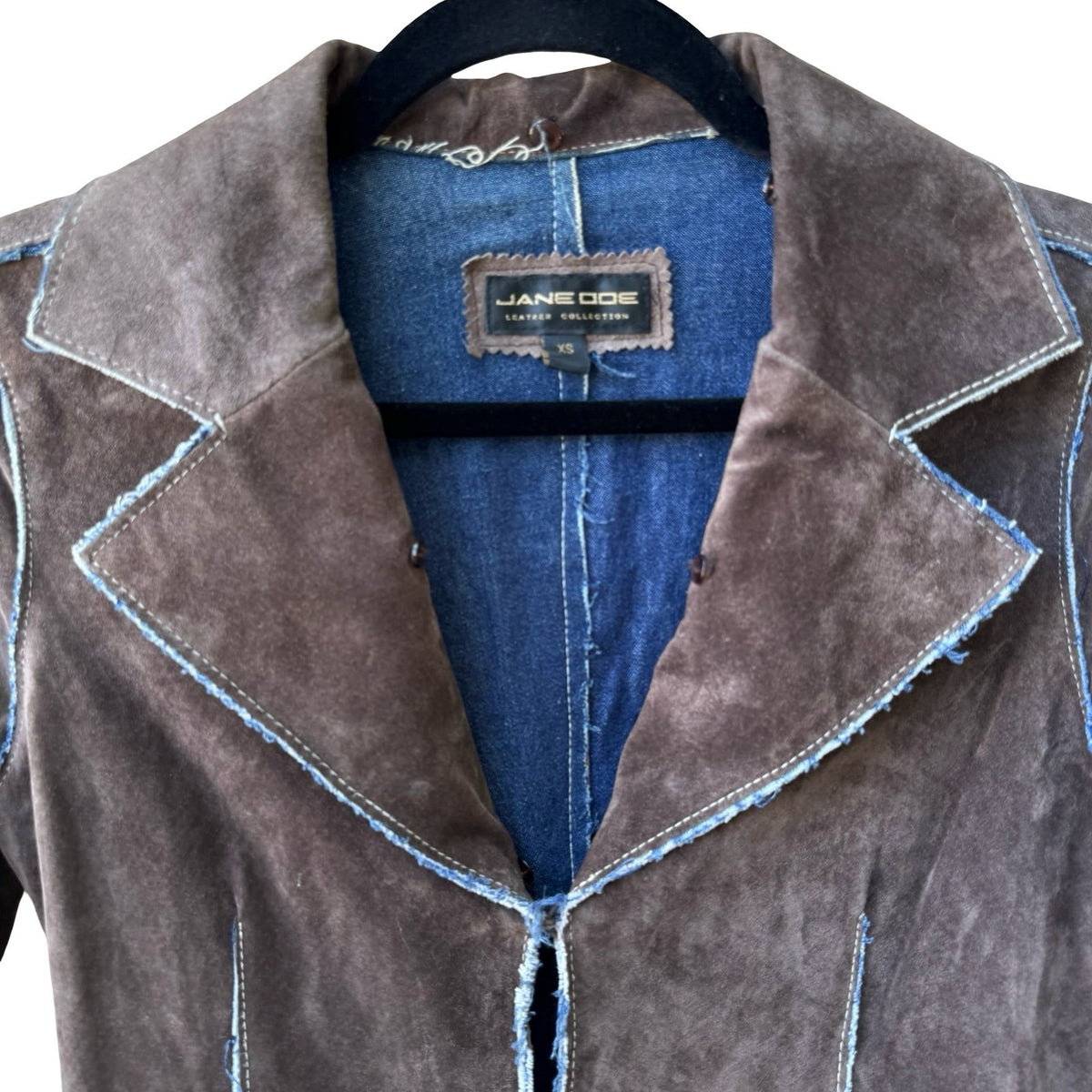 Jane Doe Y2K Suede Denim Contrast Stitch Raw Edge Trench Jacket Brown Womens XS