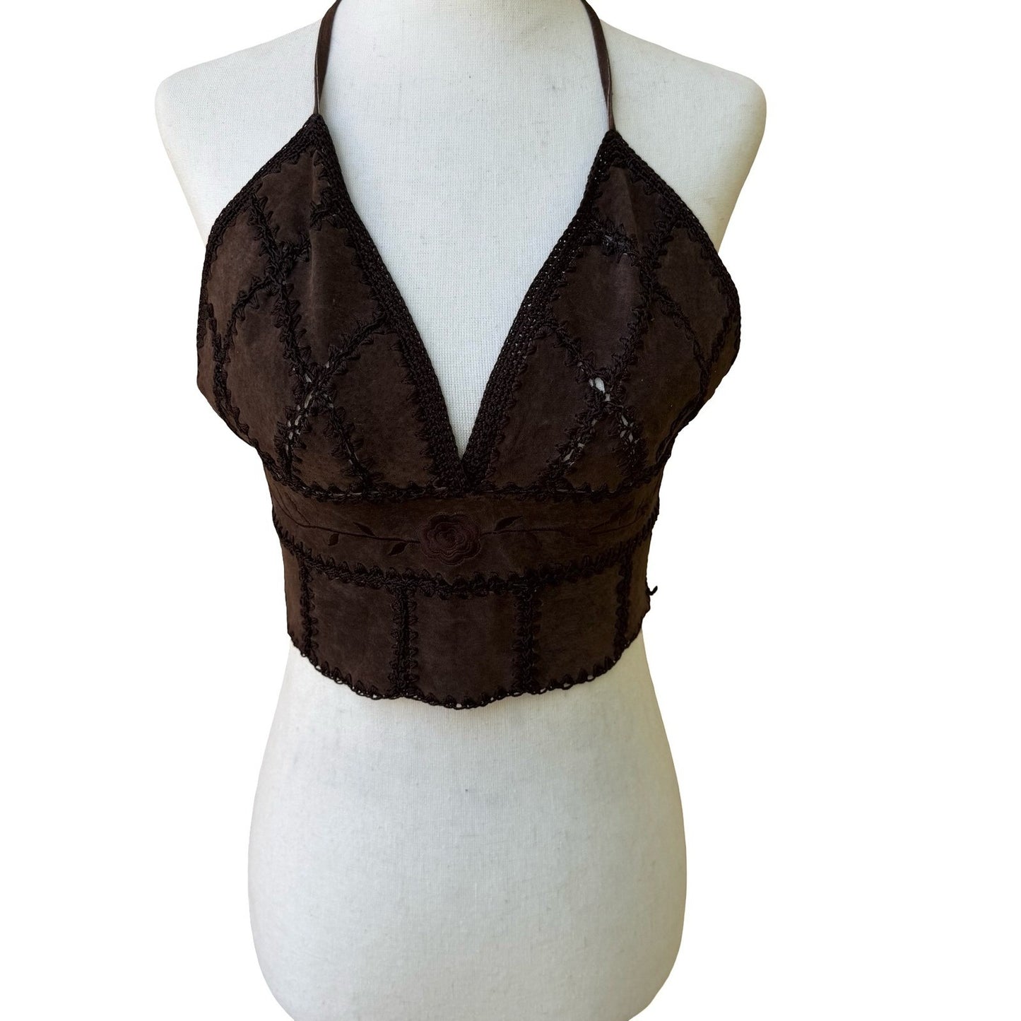 Vintage Y2K Brown Suede Crochet Trim Halter Crop Top Embroidered Boho Lace Up S