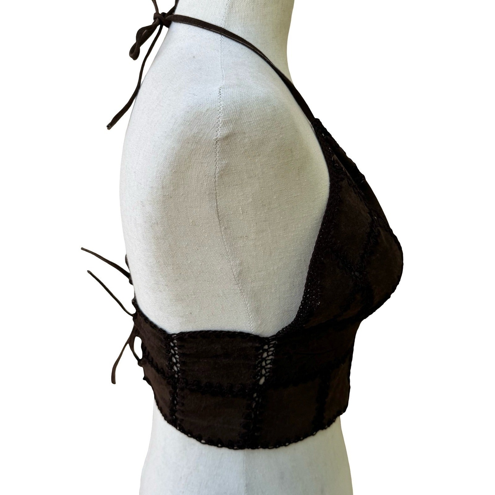 Vintage Y2K Brown Suede Crochet Trim Halter Crop Top Embroidered Boho Lace Up S