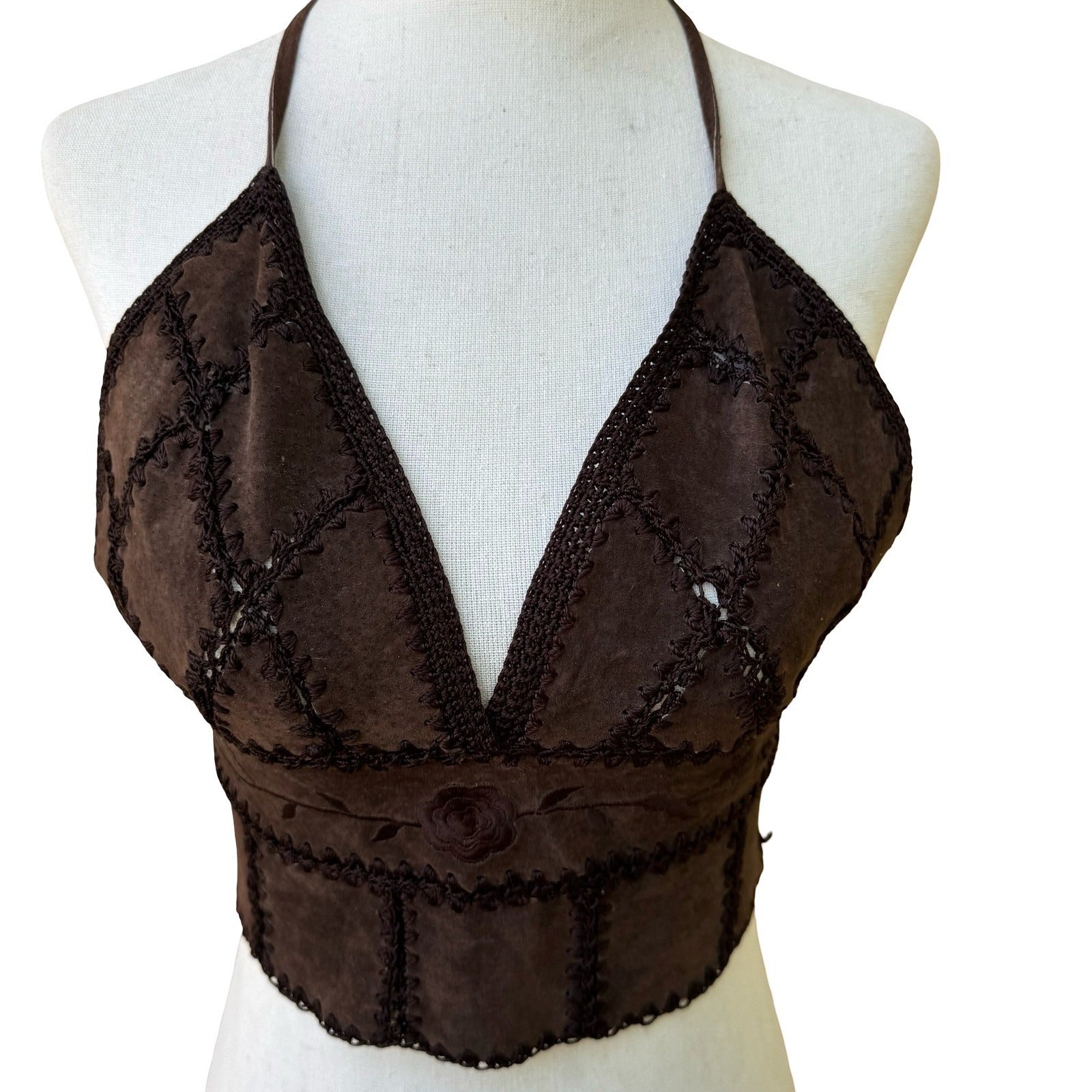 Vintage Y2K Brown Suede Crochet Trim Halter Crop Top Embroidered Boho Lace Up S
