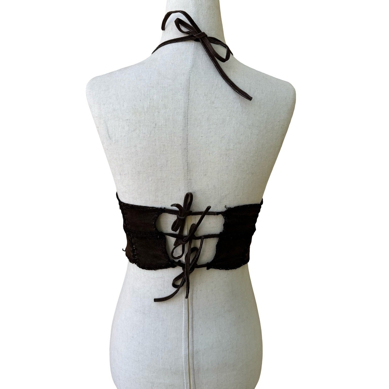 Vintage Y2K Brown Suede Crochet Trim Halter Crop Top Embroidered Boho Lace Up S