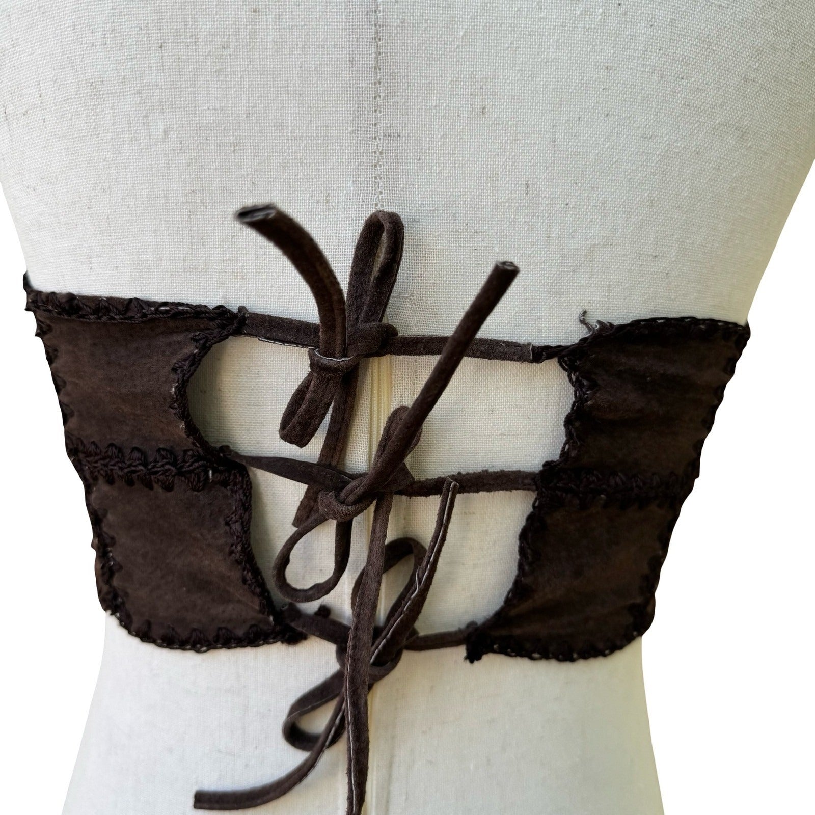 Vintage Y2K Brown Suede Crochet Trim Halter Crop Top Embroidered Boho Lace Up S