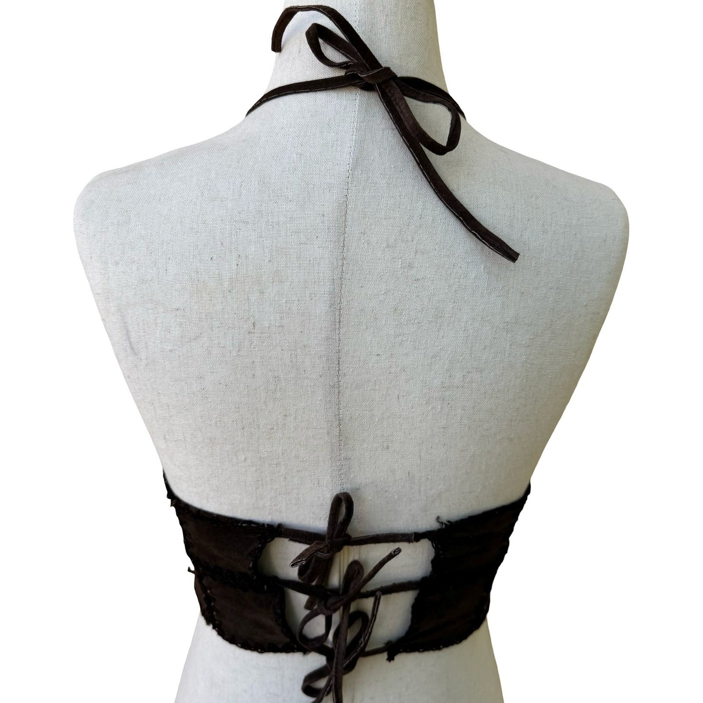 Vintage Y2K Brown Suede Crochet Trim Halter Crop Top Embroidered Boho Lace Up S
