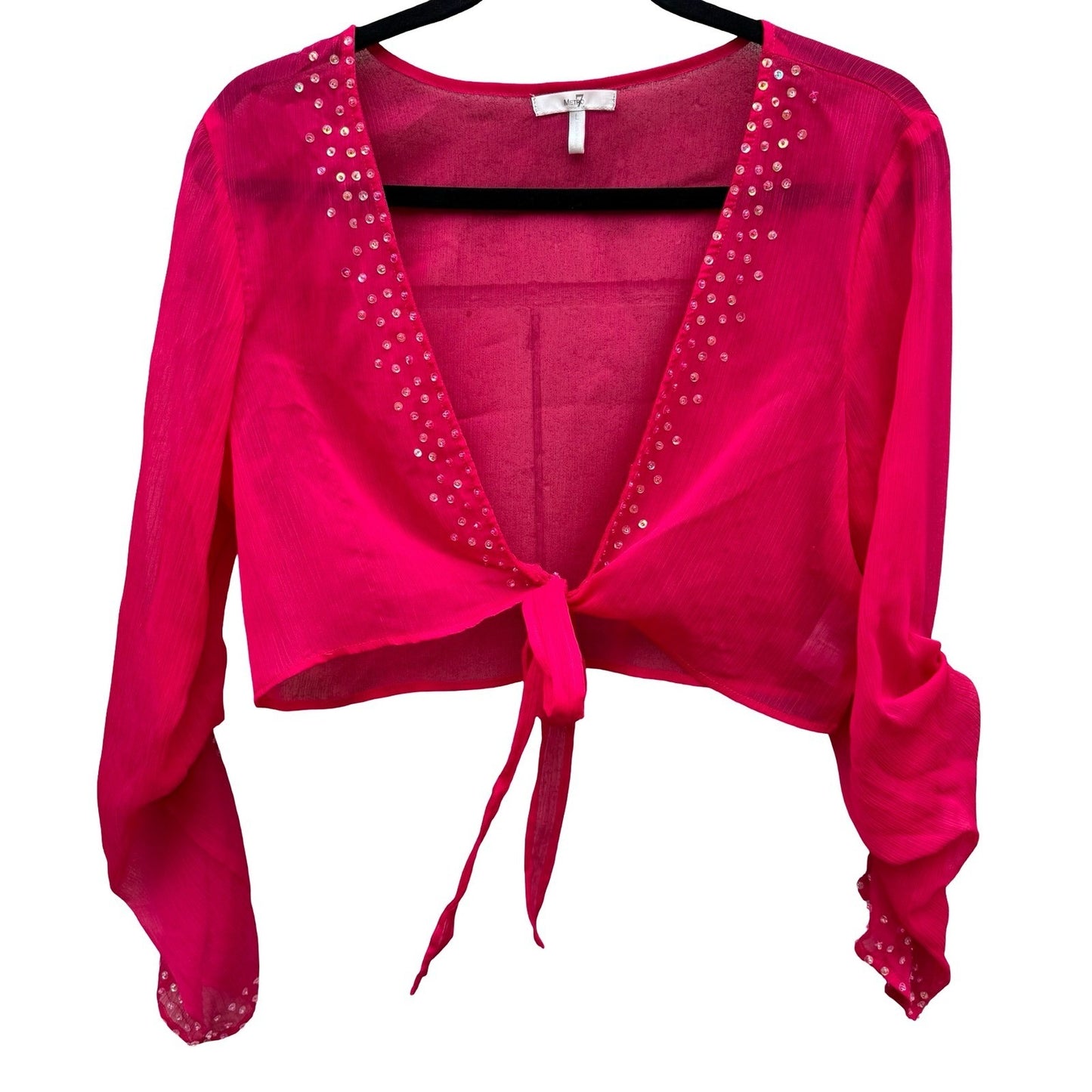 Metro 7 Y2K Womens L Pink Sequin Tie Front Sheer Cropped Shrug Bolero Glam Party