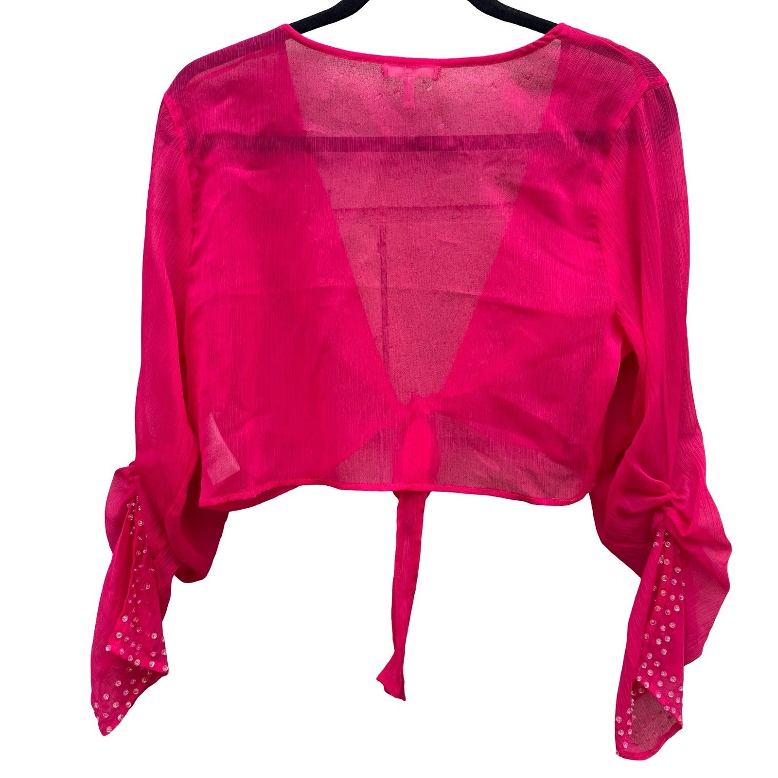 Metro 7 Y2K Womens L Pink Sequin Tie Front Sheer Cropped Shrug Bolero Glam Party