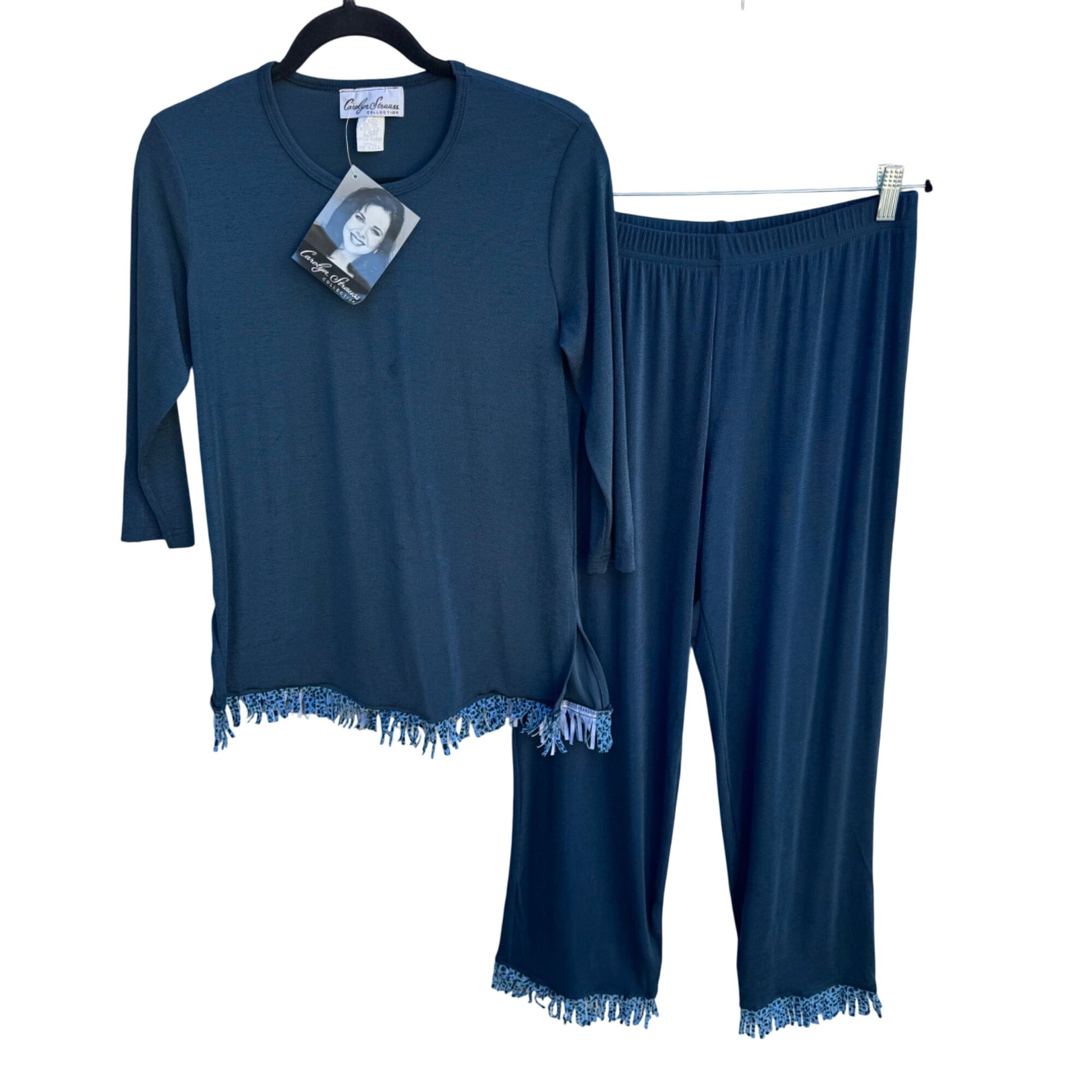 Carolyn Strauss Collection Womens Blue Animal Print Fringe Top Crop Pants Set