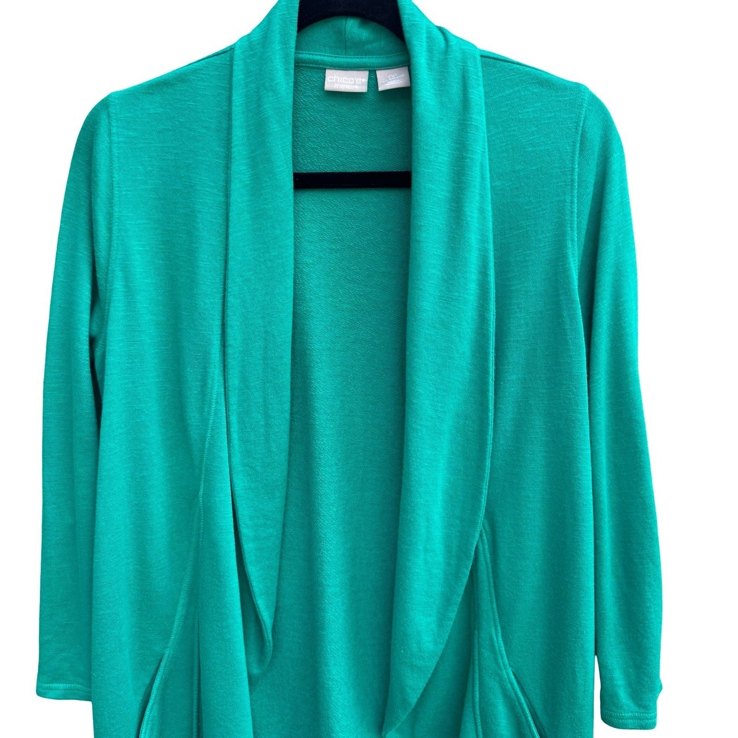 Chicos Zenergy Green Open Front Cardigan Shawl Collar Snap Tab Sleeve S Layering