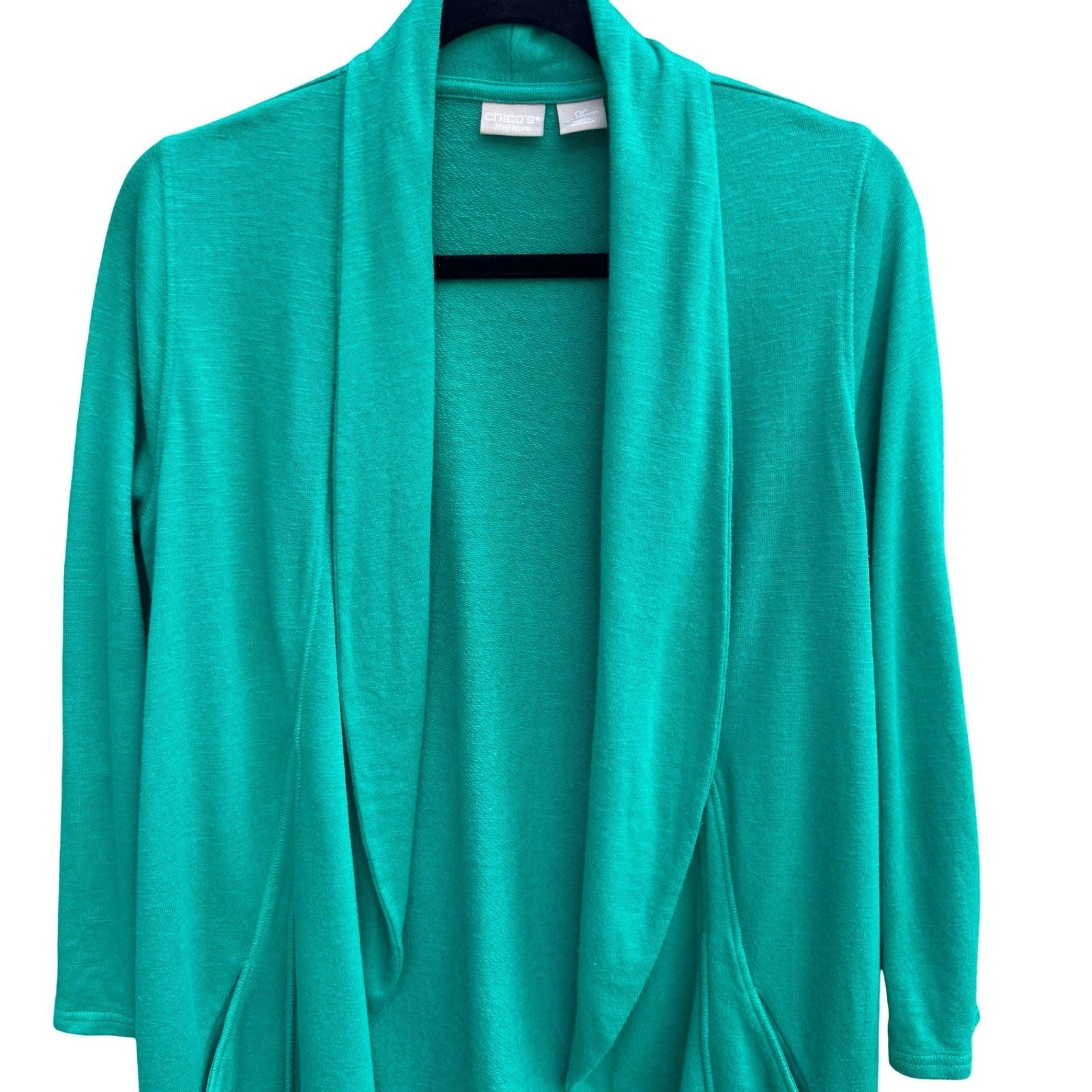 Chicos Zenergy Green Open Front Cardigan Shawl Collar Snap Tab Sleeve S Layering