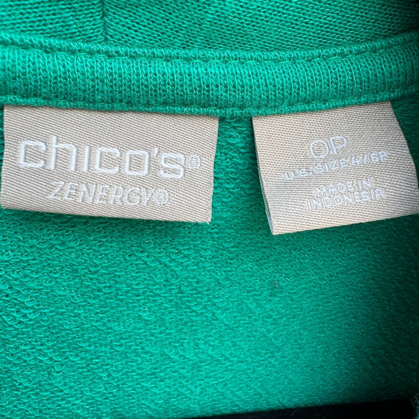 Chicos Zenergy Green Open Front Cardigan Shawl Collar Snap Tab Sleeve S Layering