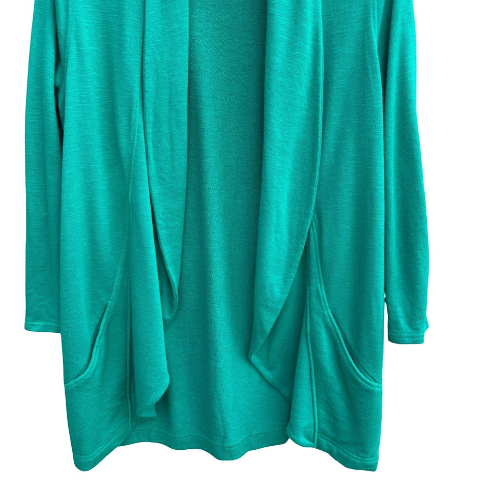 Chicos Zenergy Green Open Front Cardigan Shawl Collar Snap Tab Sleeve S Layering