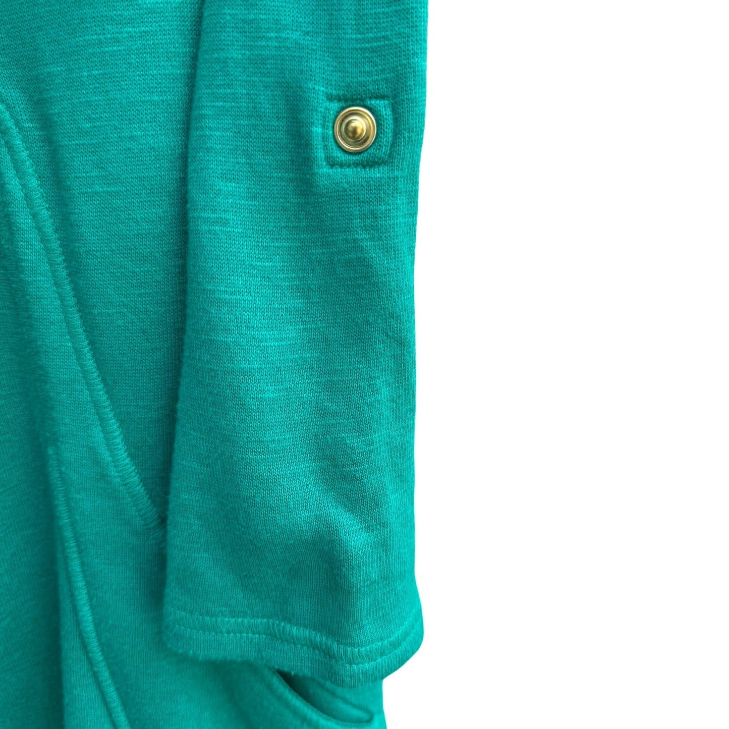 Chicos Zenergy Green Open Front Cardigan Shawl Collar Snap Tab Sleeve S Layering