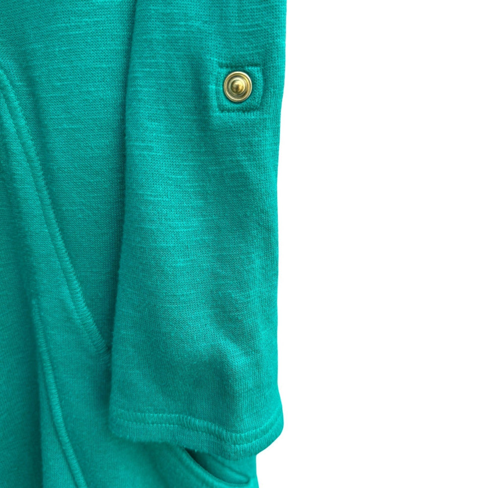 Chicos Zenergy Green Open Front Cardigan Shawl Collar Snap Tab Sleeve S Layering