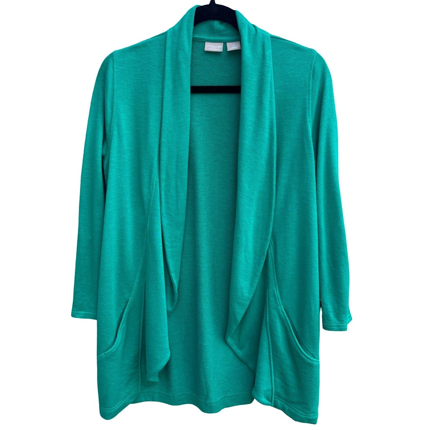 Chicos Zenergy Green Open Front Cardigan Shawl Collar Snap Tab Sleeve S Layering